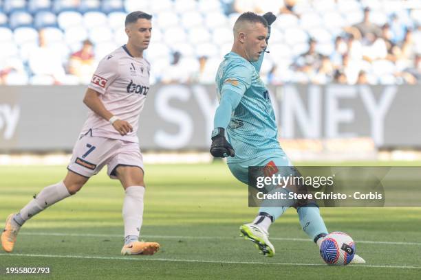 Daniel Vukovic of the Mariners clears the ball during the A-League Men round 12 match between Central Coast Mariners and Melbourne Victory at Allianz...