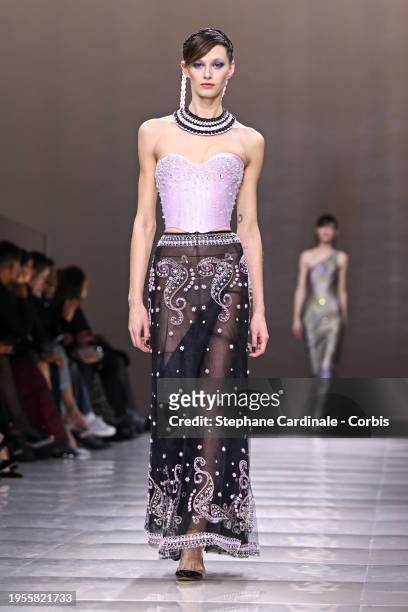 Model walks the runway during the Giorgio Armani Privé Haute Couture Spring/Summer 2024 show as part of Paris Fashion Week on January 23, 2024 in...