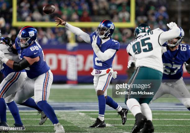 Tyrod Taylor of the New York Giants in action against the Philadelphia Eagles at MetLife Stadium on January 07, 2024 in East Rutherford, New Jersey....