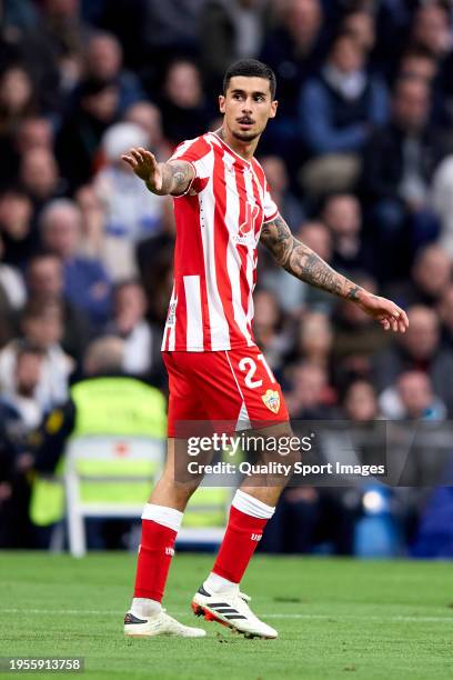 Chumi of UD Almeria reacts during the LaLiga EA Sports match between Real Madrid CF and UD Almeria at Estadio Santiago Bernabeu on January 21, 2024...