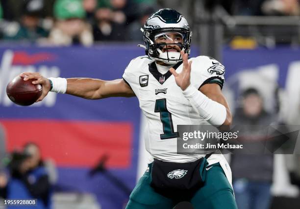 Jalen Hurts of the Philadelphia Eagles in action against the New York Giants at MetLife Stadium on January 07, 2024 in East Rutherford, New Jersey....