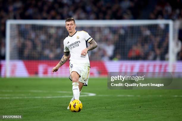 Toni Kroos of Real Madrid passes the ball during the LaLiga EA Sports match between Real Madrid CF and UD Almeria at Estadio Santiago Bernabeu on...