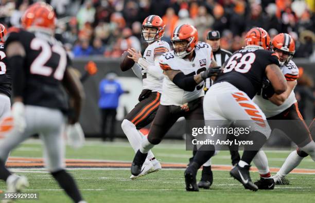 Jeff Driskel of the Cleveland Browns in the game against the Cincinnati Bengals at Paycor Stadium on January 07, 2024 in Cincinnati, Ohio.