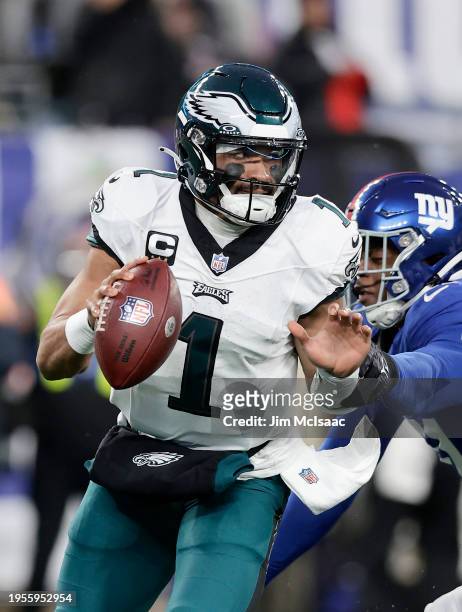 Jalen Hurts of the Philadelphia Eagles in action against the New York Giants at MetLife Stadium on January 07, 2024 in East Rutherford, New Jersey....