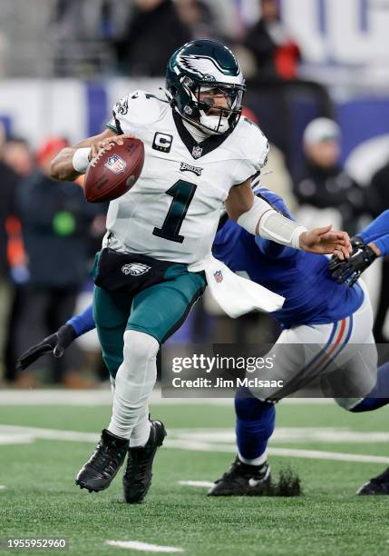 Jalen Hurts of the Philadelphia Eagles in action against the New York Giants at MetLife Stadium on January 07, 2024 in East Rutherford, New Jersey....