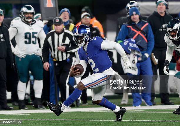 Tyrod Taylor of the New York Giants in action against the Philadelphia Eagles at MetLife Stadium on January 07, 2024 in East Rutherford, New Jersey....