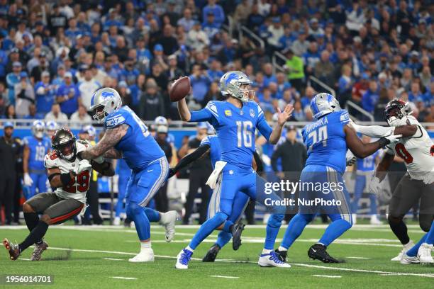 Detroit Lions quarterback Jared Goff looks to pass during the first half of the NFC Divisional Round Playoffs between the Tampa Bay Buccaneers and...