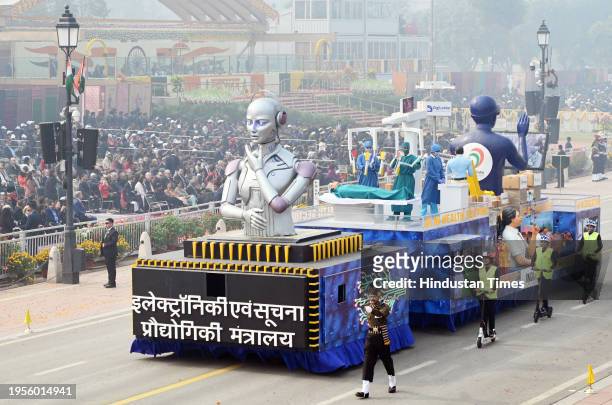 Tableaux from Ministry of Electronics and Information Technology on display during the 75th Republic Day Parade 2024, at Kartavya Path, on January...