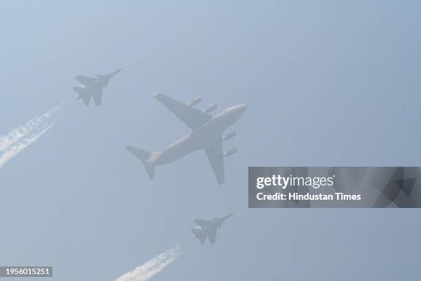 Indian Air Force's C17 with Sukhoi Su-30 fly past in Bheem Formation during the 75th Republic Day Parade 2024 at Kartavya Path on January 26, 2024 in...