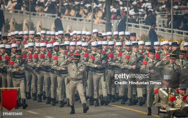 Military contingent of the 2nd Foreign Infantry Regiment of French Foreign Legion marches past the saluting Base during the 75th Republic Day Parade...