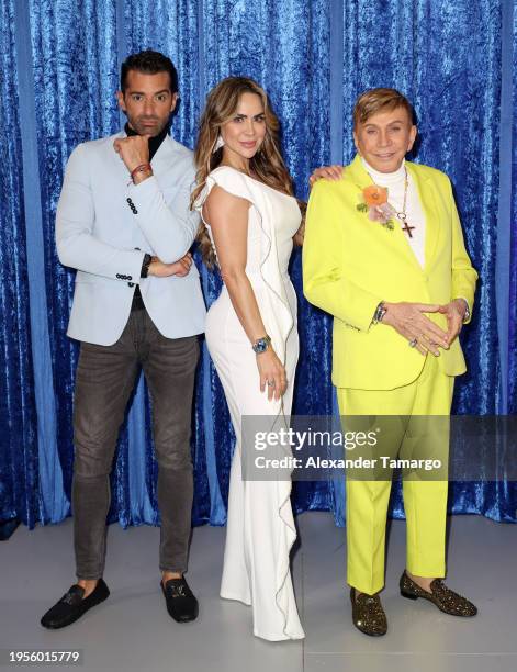 Toni Costa, Aylin Mujica and Osmel Sousa pose backstage during Telemundo's "Hoy Dia Bailamos" premiere at Telemundo Center on January 26, 2024 in...