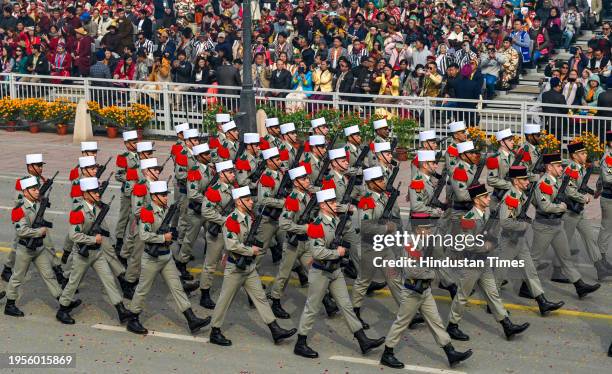 Military contingent of the 2nd Foreign Infantry Regiment of French Foreign Legion marches past the saluting Base during the 75th Republic Day Parade...