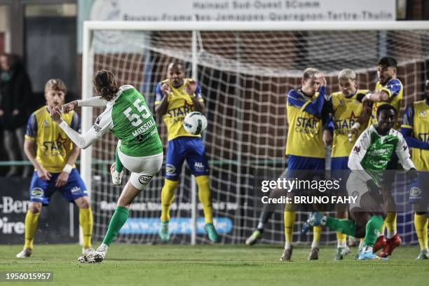 Francs Borains' Yanis Massolin scores a goal during a soccer match between Royals Francs Borains and SK Beveren, Friday 26 January 2024 in Boussu, on...