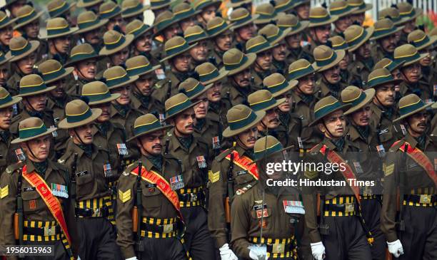 Contingent of the Kumaon Regiment marches past the saluting Base during the 75th Republic Day Parade 2024, at Kartavya Path, on January 26, 2024 in...