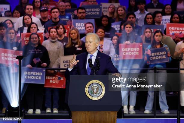 President Joe Biden speaks at a ”Reproductive Freedom Campaign Rally" at George Mason University on January 23, 2024 in Manassas, Virginia. During...