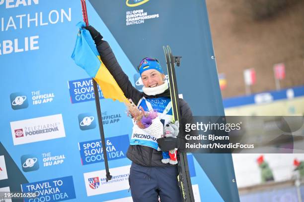 Khrystyna Dmytrenko of Ukraine celebrates her 3rd place on the podium after the Women's 7,5 km Sprint at the IBU Open European Championships Biathlon...