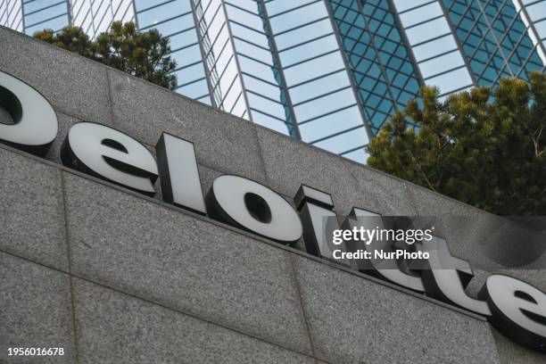 View of the Deloitte logo, on January 25 in Edmonton, Alberta, Canada.