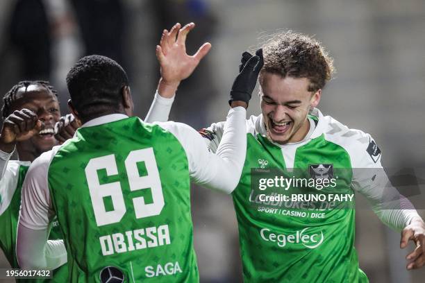 Francs Borains' Yanis Massolin celebrates after scoring during a soccer match between Royals Francs Borains and SK Beveren, Friday 26 January 2024 in...