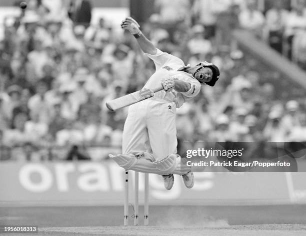 England batsman Robin Smith tries to avoid a bouncer on day two of the 4th Test match between England and West Indies at Old Trafford, Manchester,...