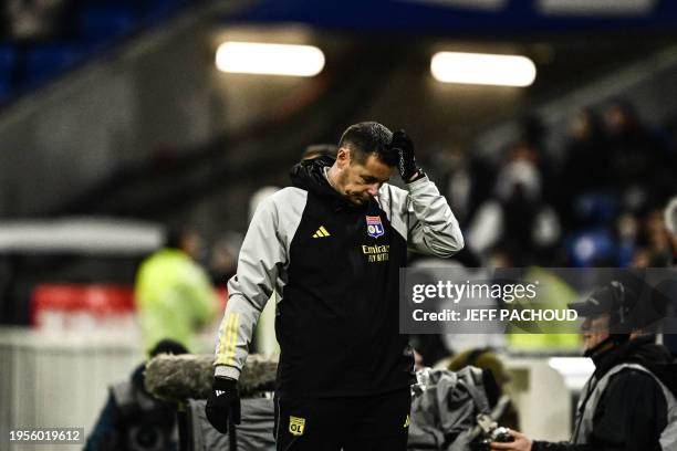 Lyon's French head coach Pierre Sage reacts during the French L1 football match between Olympique Lyonnais and Stade Rennais at The Groupama Stadium...