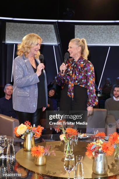 Bettina Tietjen and Barbara Schöneberger during the NDR Talk Show at NDR Studios on January 26, 2024 in Hamburg, Germany.