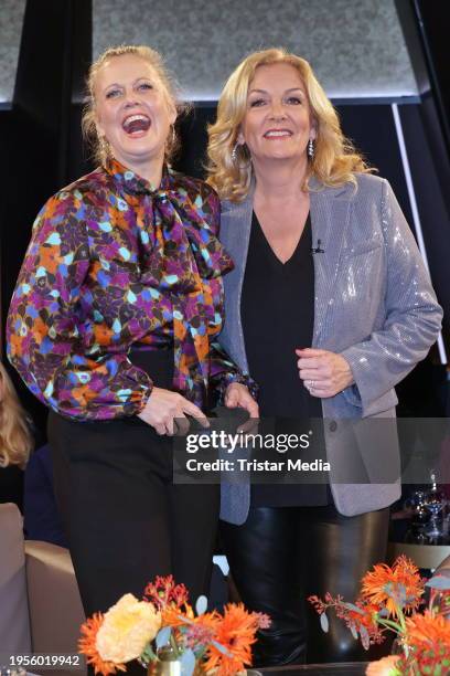 Bettina Tietjen and Barbara Schöneberger during the NDR Talk Show at NDR Studios on January 26, 2024 in Hamburg, Germany.