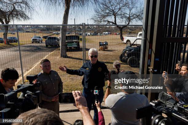 Texas Lt. Gov. Dan Patrick addresses the media outside of Shelby Park following a border visit with South Dakota Gov. Kristi Noem on January 26, 2024...