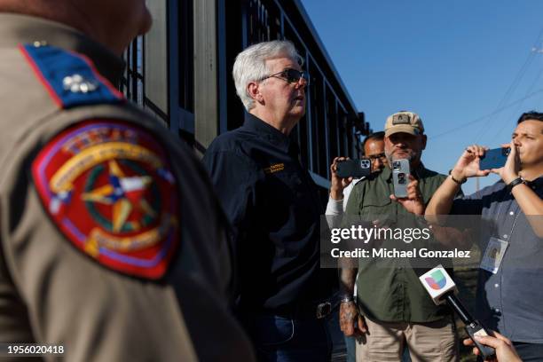 Texas Lt. Gov. Dan Patrick addresses the media outside of Shelby Park following a border visit with South Dakota Gov. Kristi Noem on January 26, 2024...