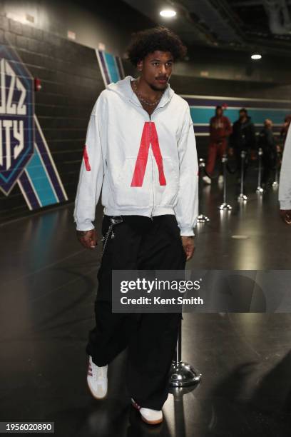 Jalen Green of the Houston Rockets arrives to the arena before the game against the Charlotte Hornets on January 26, 2024 at Spectrum Center in...