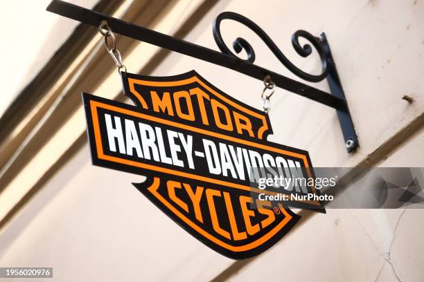 Harley-Davidson logo is seen near the store in Krakow, Poland on January 24, 2024.