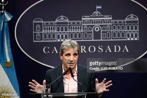 Argentina's Minister of Economy, Luis Caputo, speaks during a press conference at Casa Rosada presidential palace in Buenos Aires on January 26, 2024.