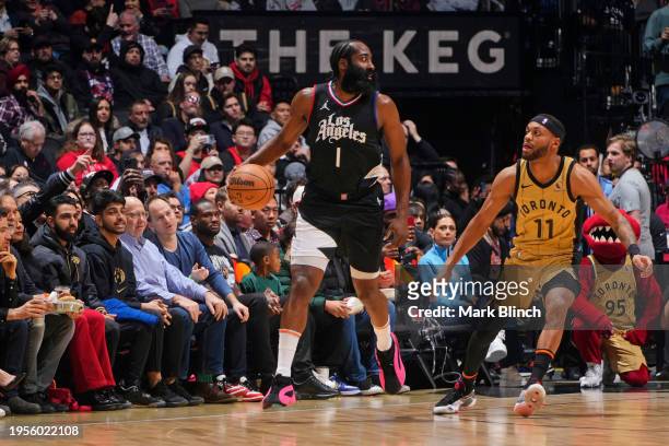 James Harden of the LA Clippers dribbles the ball during the game against the Toronto Raptors on January 26, 2024 at the Scotiabank Arena in Toronto,...