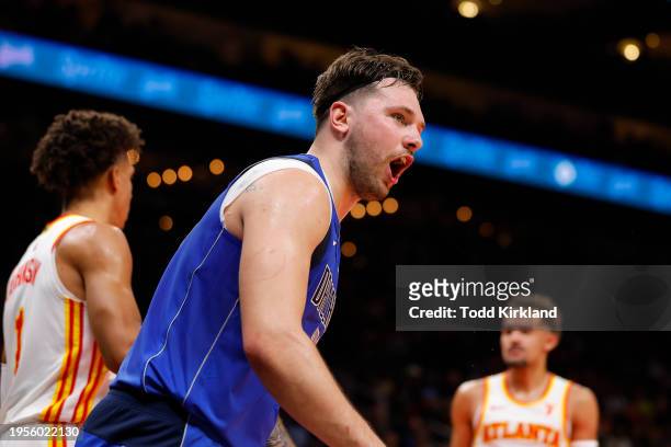 Luka Doncic of the Dallas Mavericks reacts during the second quarter against the Atlanta Hawks at State Farm Arena on January 26, 2024 in Atlanta,...