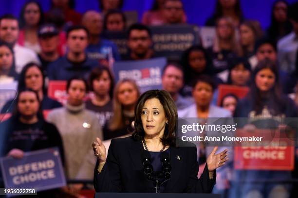 Vice President Kamala Harris speaks at a ”Reproductive Freedom Campaign Rally" at George Mason University on January 23, 2024 in Manassas, Virginia....