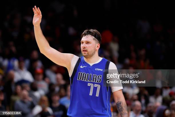 Luka Doncic of the Dallas Mavericks reacts during the fourth quarter against the Atlanta Hawks at State Farm Arena on January 26, 2024 in Atlanta,...
