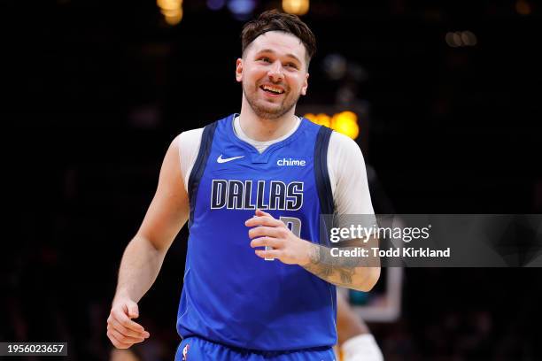 Luka Doncic of the Dallas Mavericks reacts during the fourth quarter against the Atlanta Hawks at State Farm Arena on January 26, 2024 in Atlanta,...