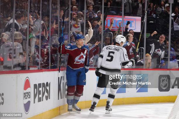 Nathan MacKinnon of the Colorado Avalanche celebrates a goal against the Los Angeles Kings at Ball Arena on January 26, 2024 in Denver, Colorado.