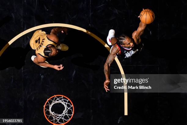 Kawhi Leonard of the LA Clippers rebounds the ball during the game against the Toronto Raptors on January 26, 2024 at the Scotiabank Arena in...