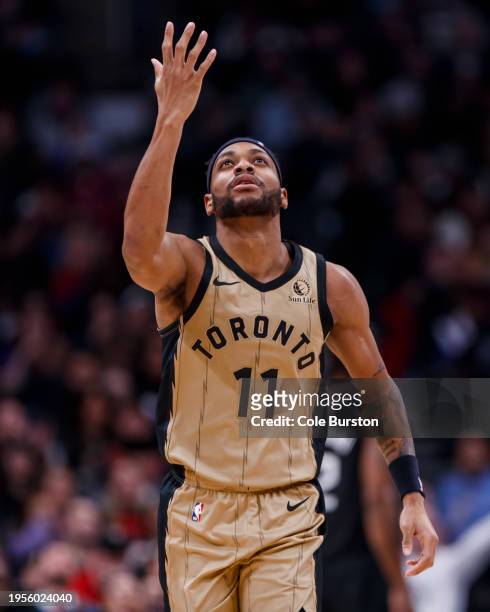 Bruce Brown of the Toronto Raptors celebrates making a basket during the second half of their NBA game against the LA Clippers at Scotiabank Arena on...