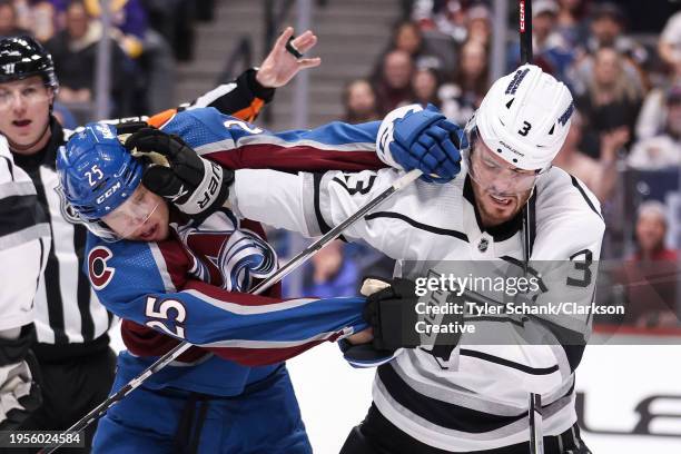 Logan O'Connor of the Colorado Avalanche and Matt Roy of the Los Angeles Kings scuffle in the second period at Ball Arena on January 26, 2024 in...