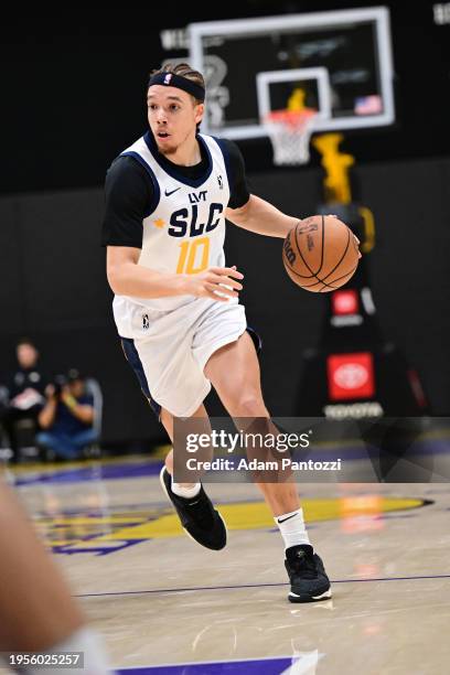 Jason Preston of the Salt Lake City Stars handles the ball during the game against the South Bay Lakers on January 26, 2024 at UCLA Heath Training...