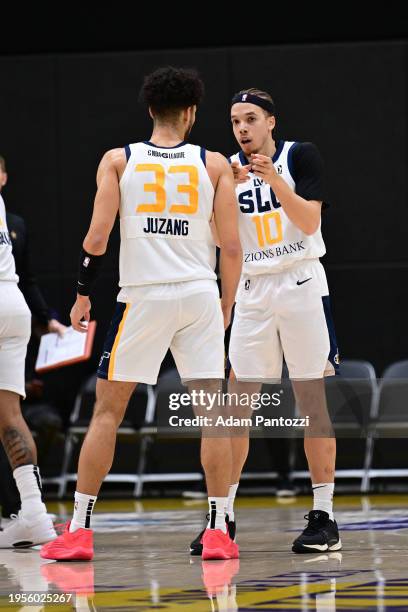 Jason Preston speaks to Johnny Juzang of the Salt Lake City Stars during the game against the South Bay Lakers on January 26, 2024 at UCLA Heath...