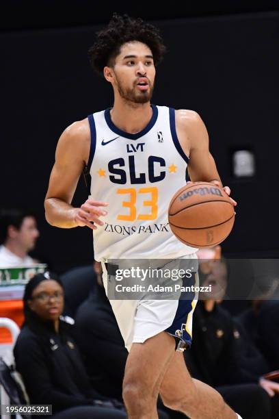 Johnny Juzang of the Salt Lake City Stars handles the ball during the game against the South Bay Lakers on January 26, 2024 at UCLA Heath Training...