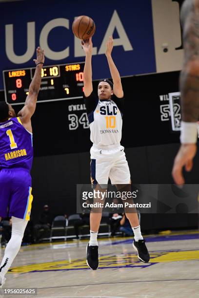 Jason Preston of the Salt Lake City Stars shoots the ball during the game against the South Bay Lakers on January 26, 2024 at UCLA Heath Training...