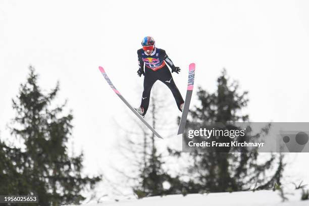 Taku Takeuchi of Japan competes during the Individual HS235 at the FIS Ski Flying World Championships at Skiflugschanze Kulm on January 26, 2024 in...