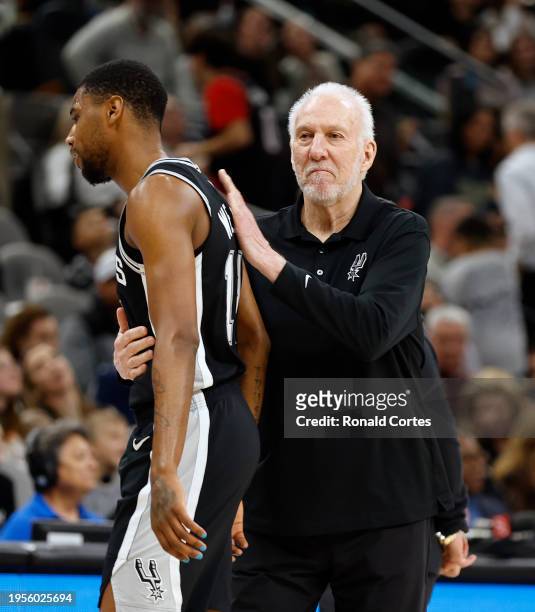 Gregg Popovich head coach of the San Antonio Spurs consoles Blake Wesley of the San Antonio Spurs after a missed dunk on the Portland Trailblazers in...