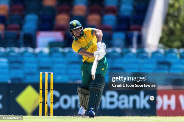 Chloe Tryon of South Africa bats during the first match of the Women's T20 International Series between Australia and West Indies at the Manuka Oval...