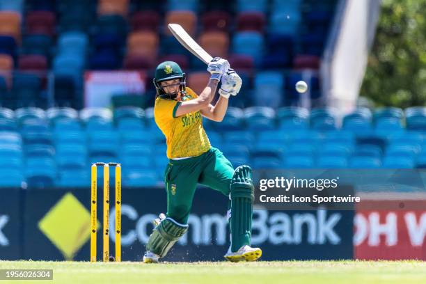 Tazmin Brits of South Africa bats during the first match of the Women's T20 International Series between Australia and West Indies at the Manuka Oval...