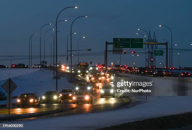 Busy traffic on Edmonton 111th Street, on Friday evening, on January 26 in Edmonton, Alberta, Canada.