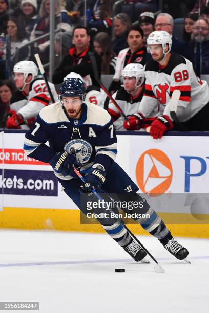 Sean Kuraly of the Columbus Blue Jackets skates with the puck during the second period of a game against the New Jersey Devils at Nationwide Arena on...